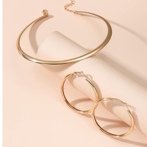Gold Collar Torques Choker Earrings Hoop Matching Set - Picture 2 of 3